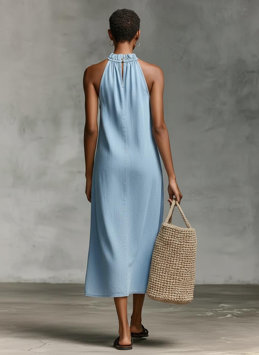 Women's Minimalist Loose-Fit Washed Denim Sleeveless Midi Dress