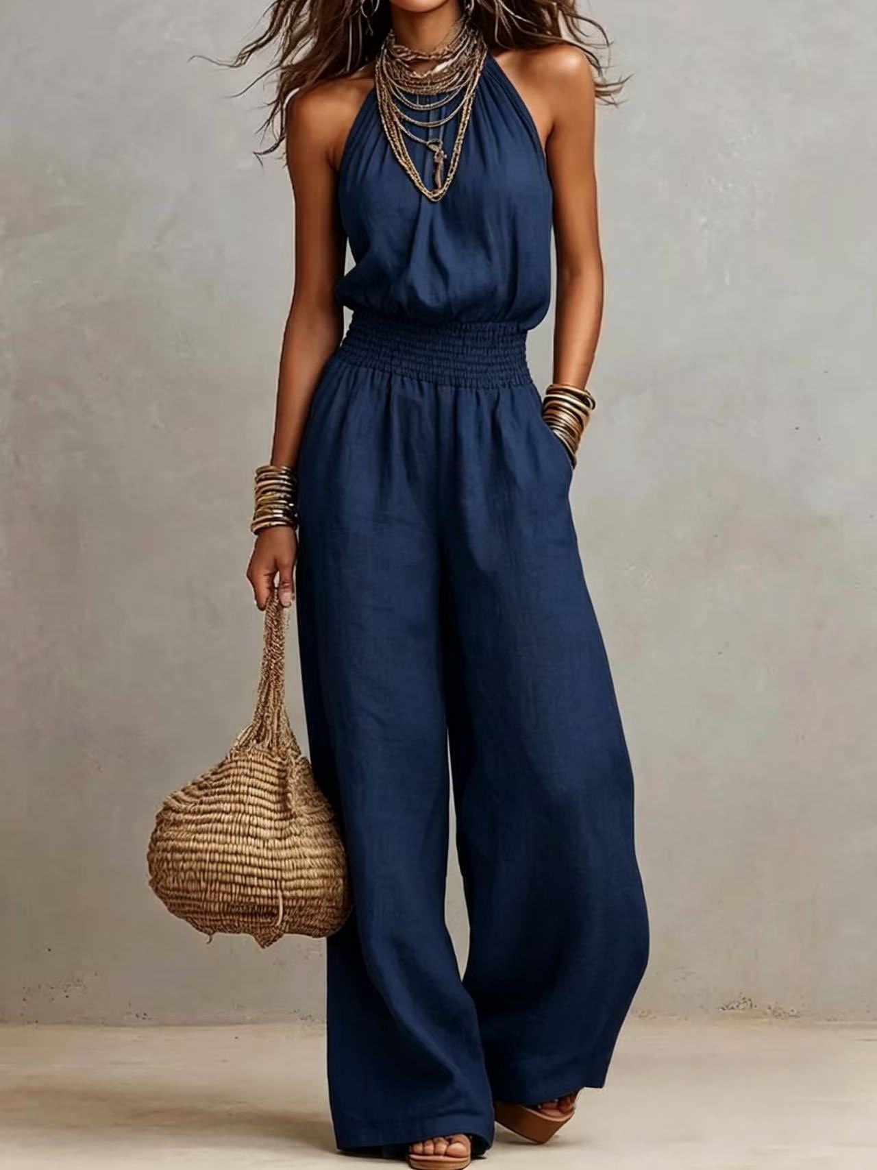 Tan Cotton Linen Halter Neck Smocked Waist Wide Leg Jumpsuit