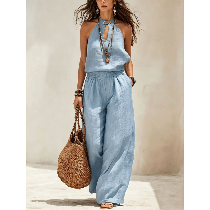 Khaki Keyhole Halter Linen Wide-Leg Two-Piece Set