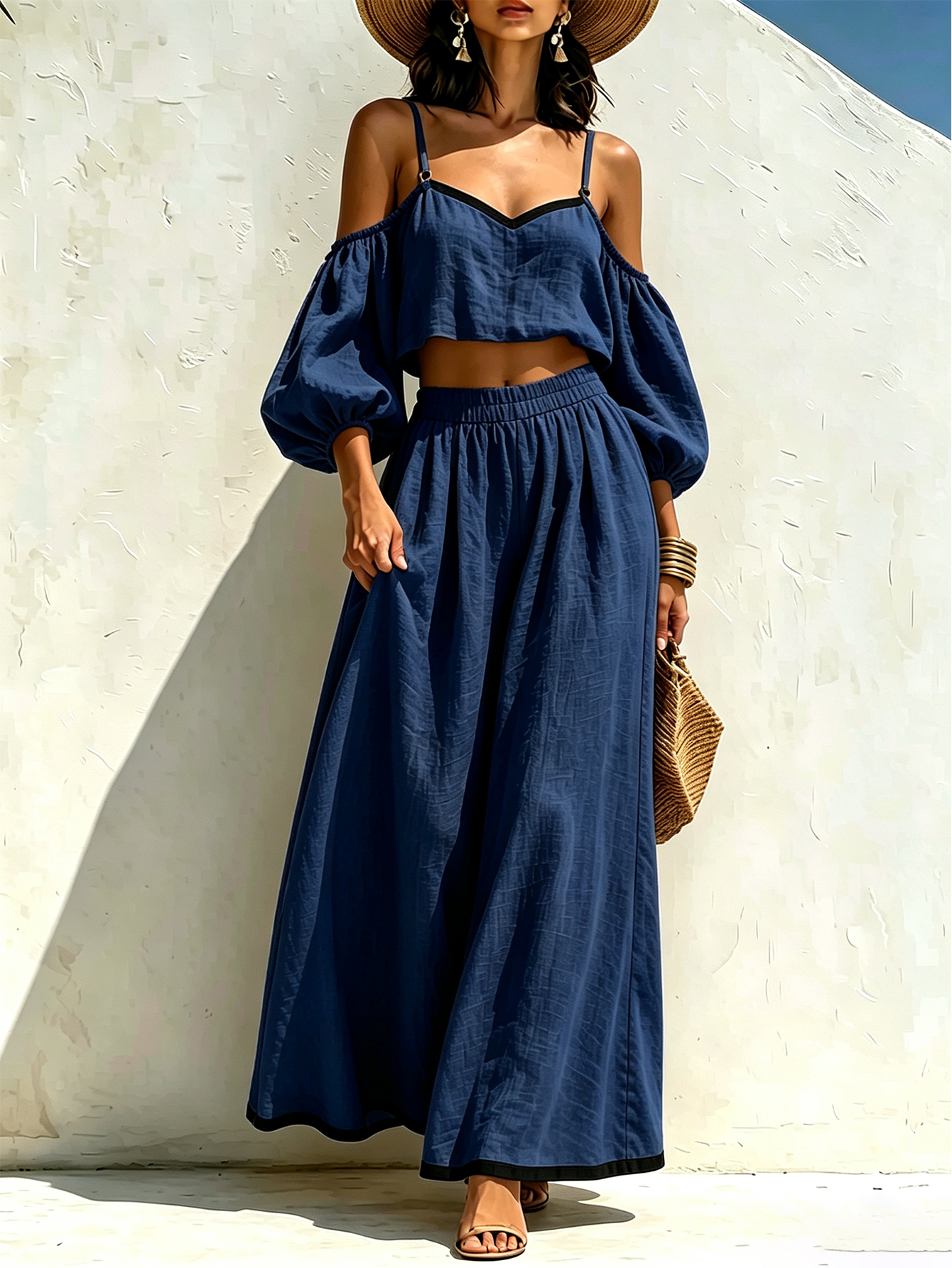 Women’s Linen Cotton Two-Piece Set, Off-Shoulder Puff Sleeve Crop Top & Wide Leg Pants, Casual Summer Outfit