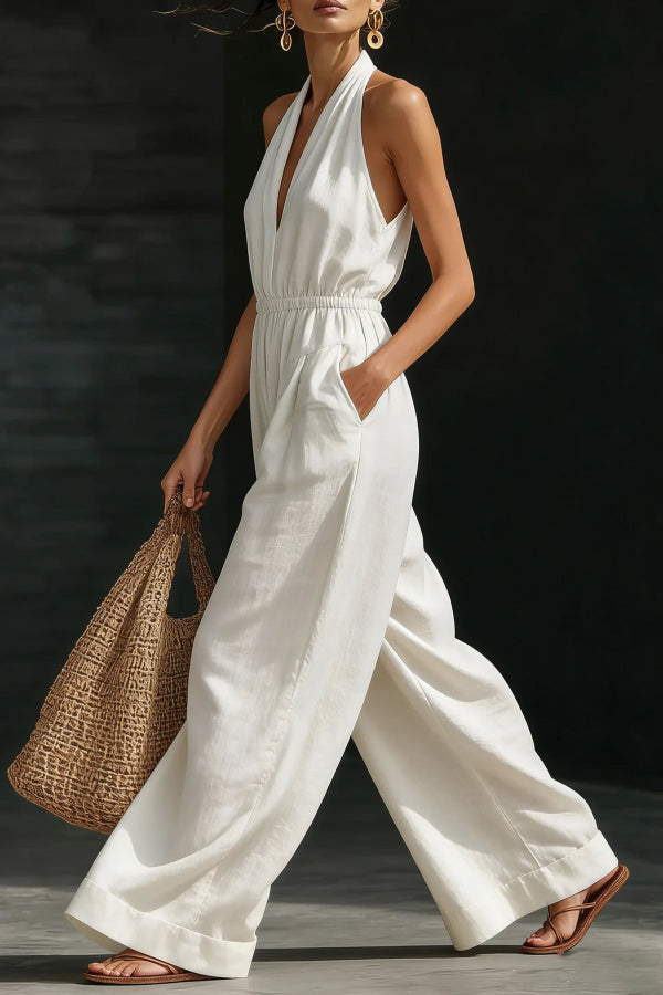 Women Halter V Neck Jumpsuit Elastic Waist Wide Leg Linen Blend Casual Vacation Long Jumpsuits with Pockets