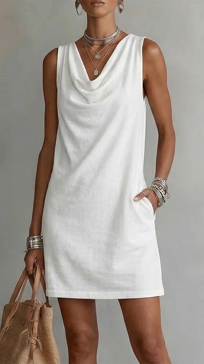 Women's Sleeveless Cotton Dress with Draped Neckline