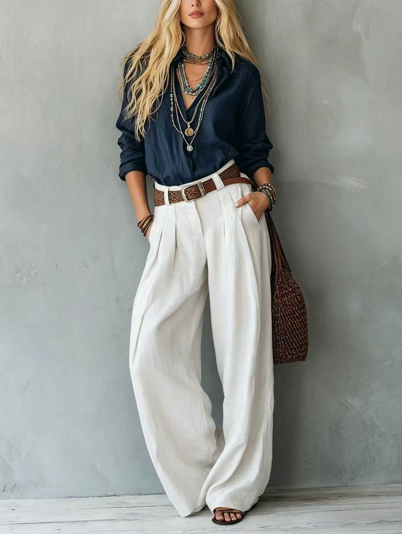 Women's Blouse & Wide-Leg Pants Set – Loose Fit Two-Tone 2-Piece