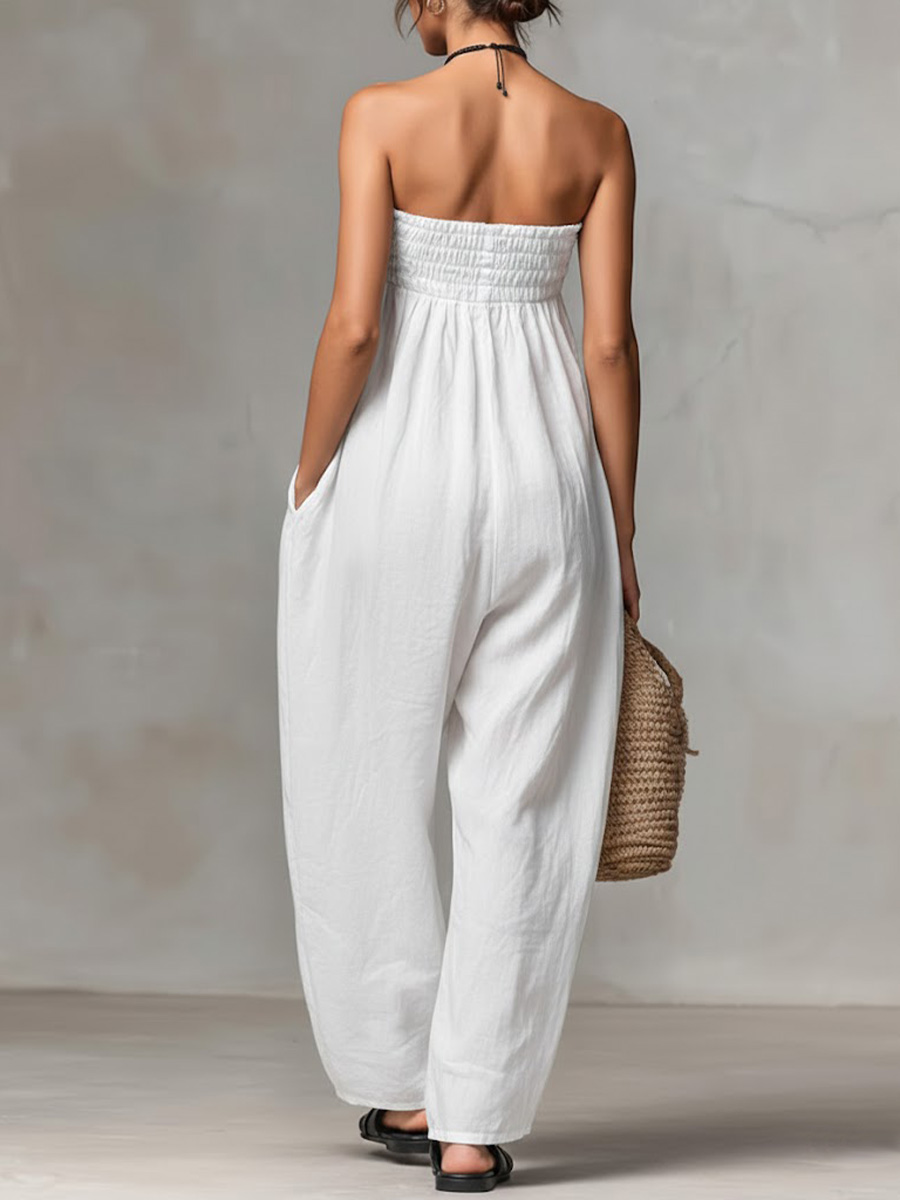 Women's Solid Color Strapless Casual Loose Cotton And Linen Jumpsuit