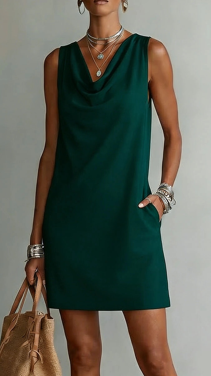 Women's Sleeveless Cotton Dress with Draped Neckline