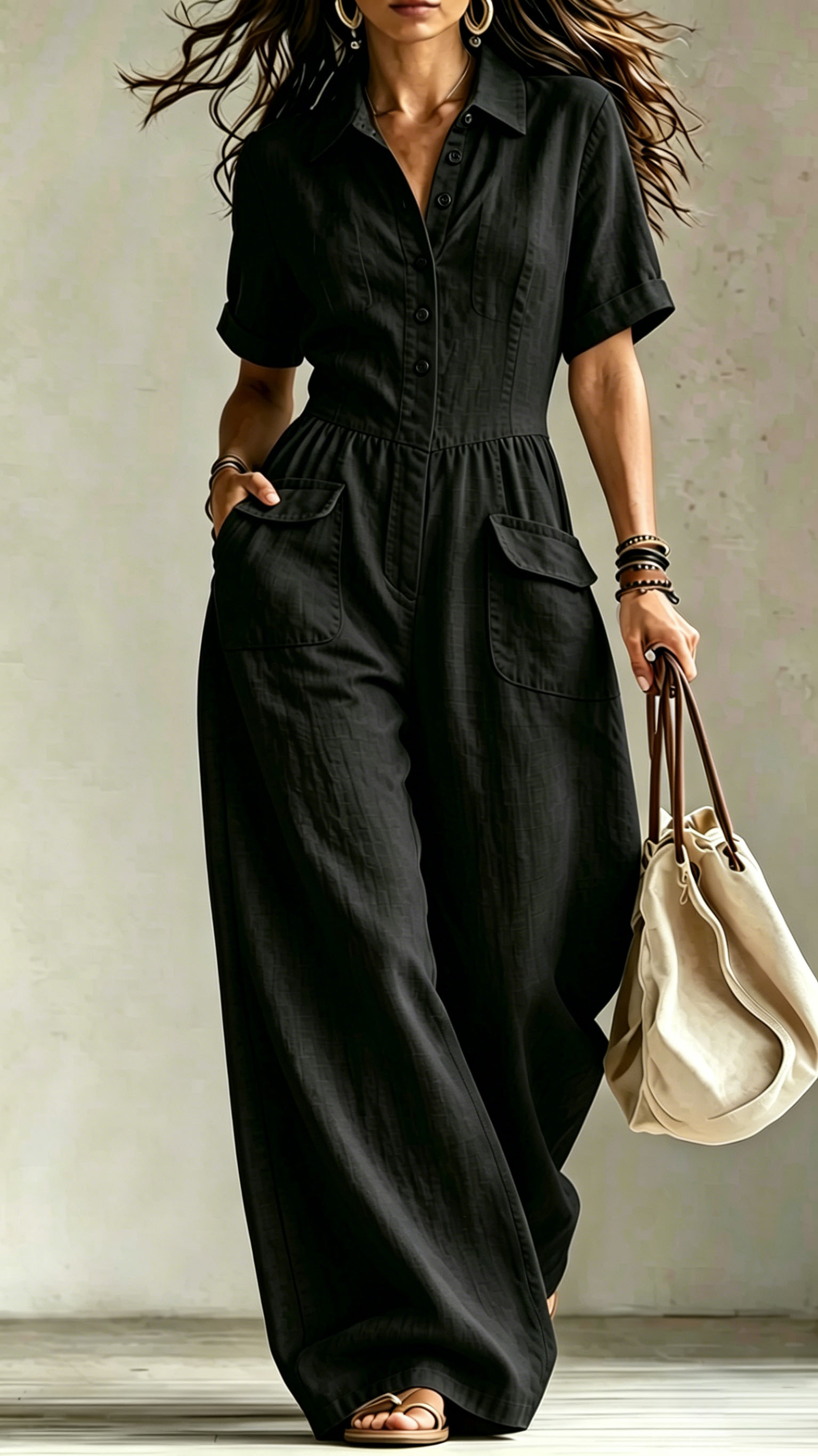 Women's cotton and linen loose short-sleeved button jumpsuit