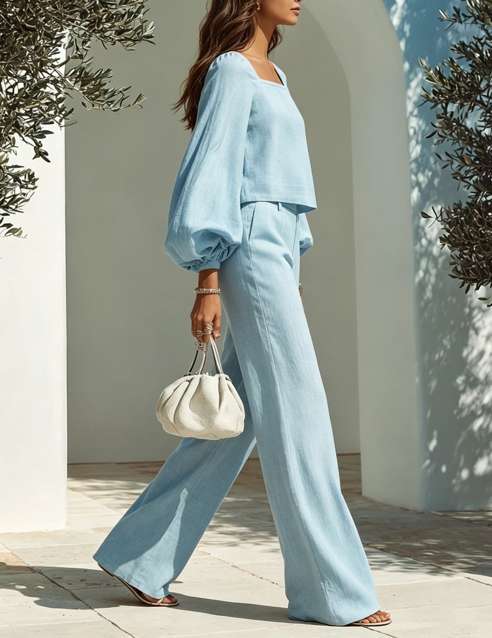 Resort-style Square-neck Lantern-sleeve Top And Trousers Set