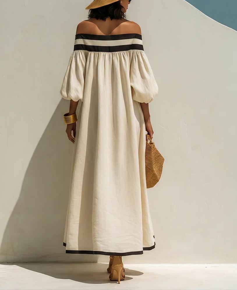 Loose-fitting Color-blocked Off-the-shoulder Beige Cotton-linen Maxi Dress