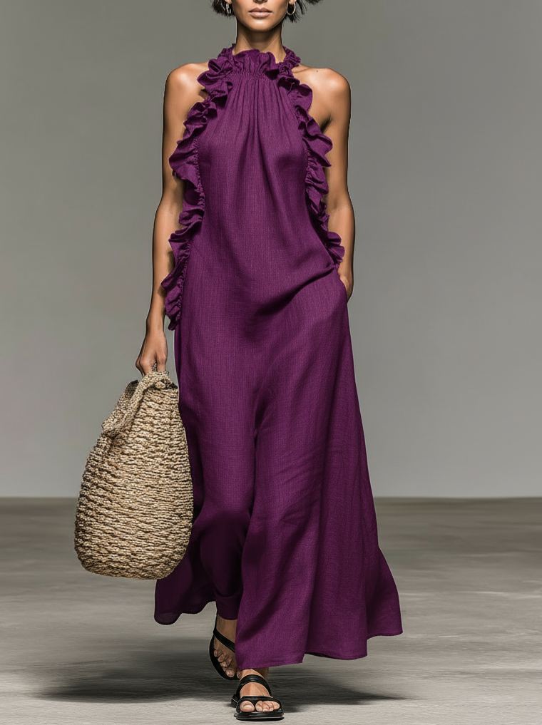 Women's Minimalist Linen-blend Sleeveless Maxi Dress With Ruffle Details