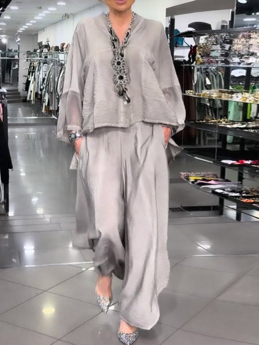 Women's Solid Color V-neck Long-sleeve Loose Casual Top And High-waisted Loose Wide-leg Pants Set