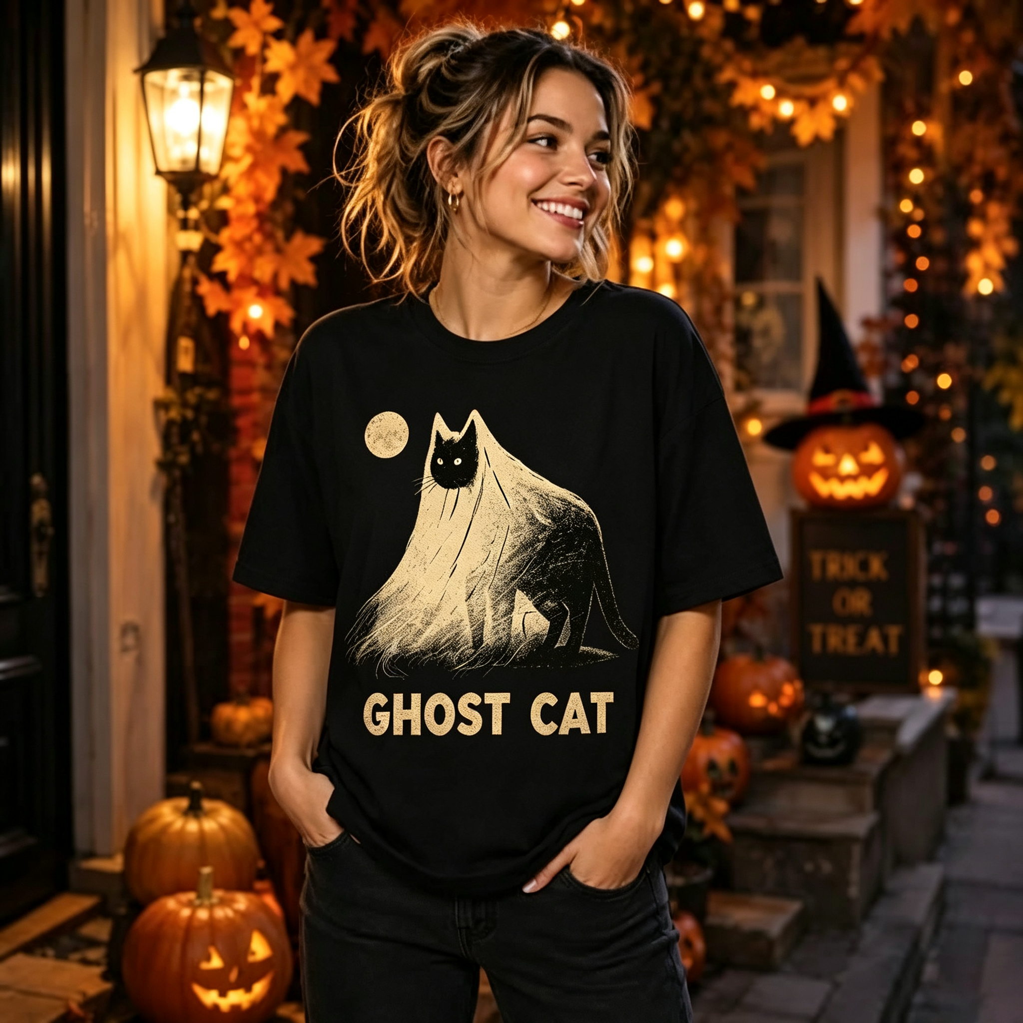 PShirt Black Cat Ghost 03 Halloween T-shirt