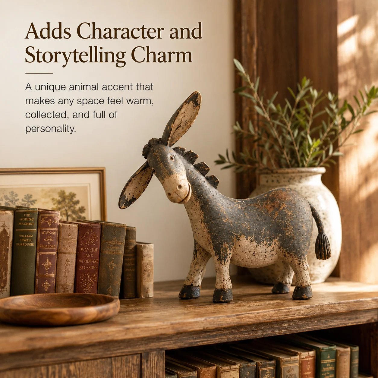 Rustic donkey figurine home styling