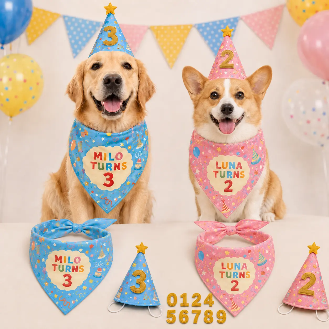 Golden retriever and corgi wearing Zaloraros personalized dog birthday bandana and party hat sets in sky blue and pink.
