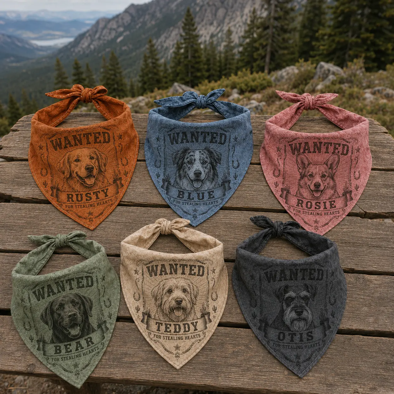 custom western wanted dog bandana with pet portrait and name