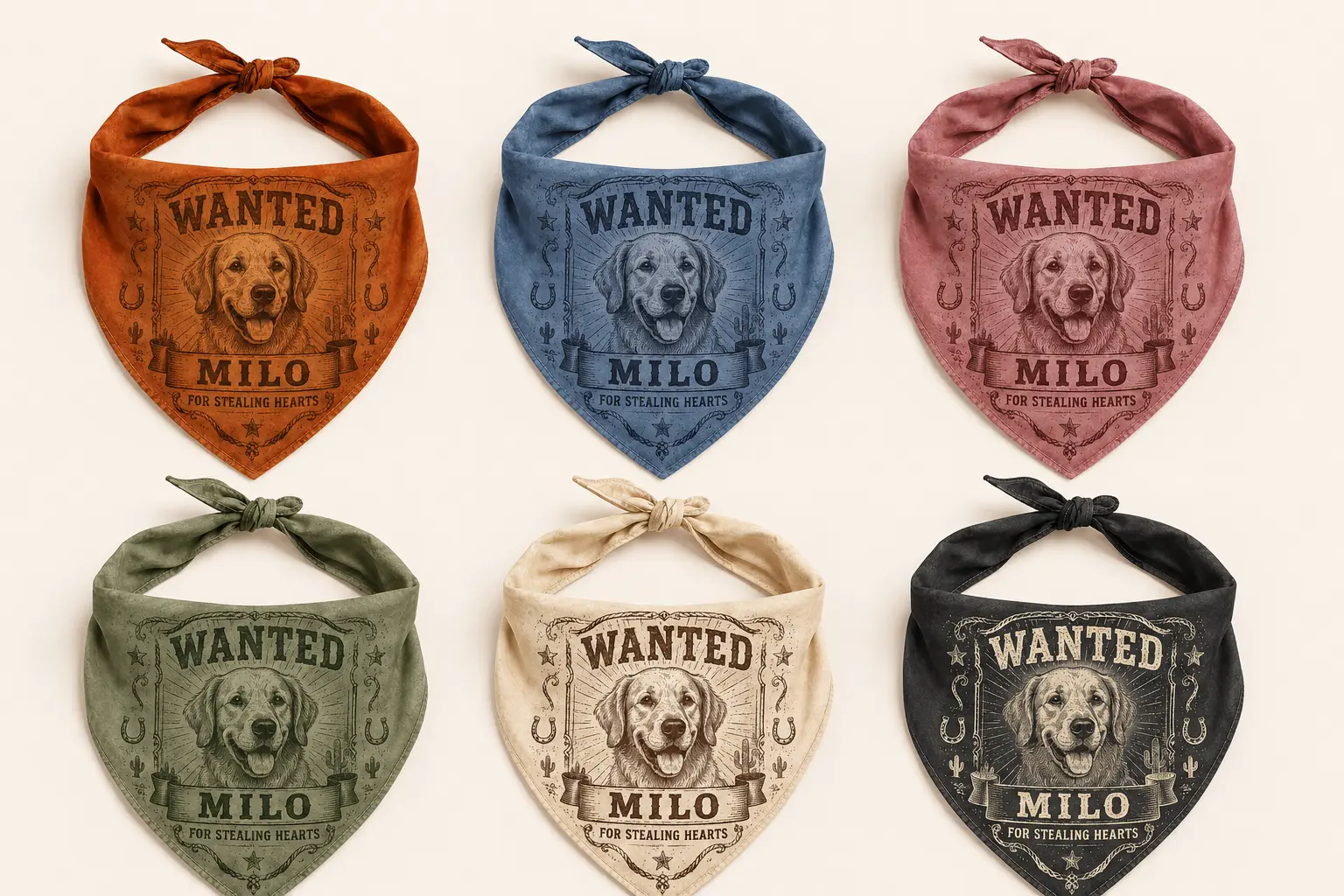 custom western wanted dog bandana with pet portrait and name
