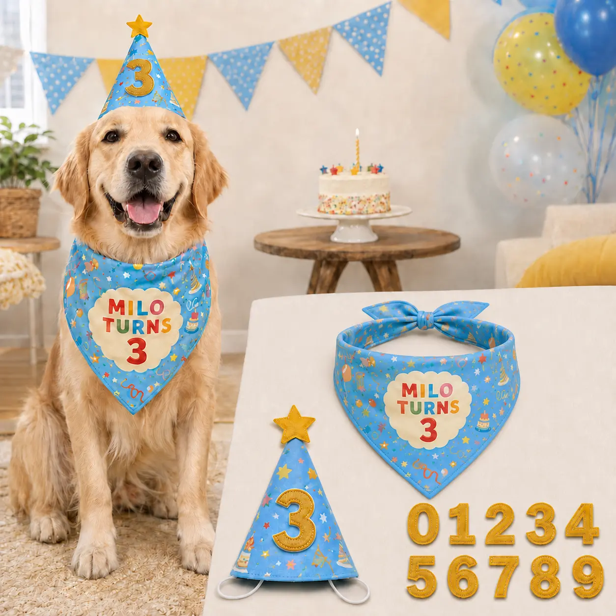 Golden retriever wearing a sky blue personalized dog birthday bandana and matching party hat with number patches.