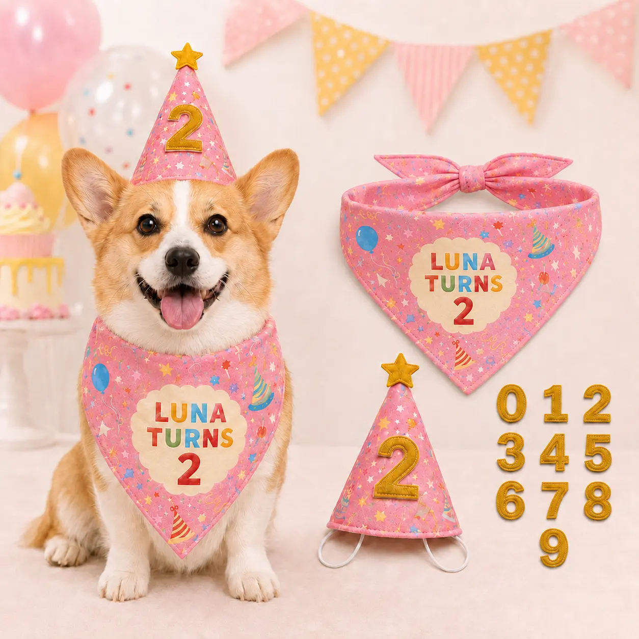 Corgi wearing a party pink personalized dog birthday bandana and matching hat with 0–9 number patches.