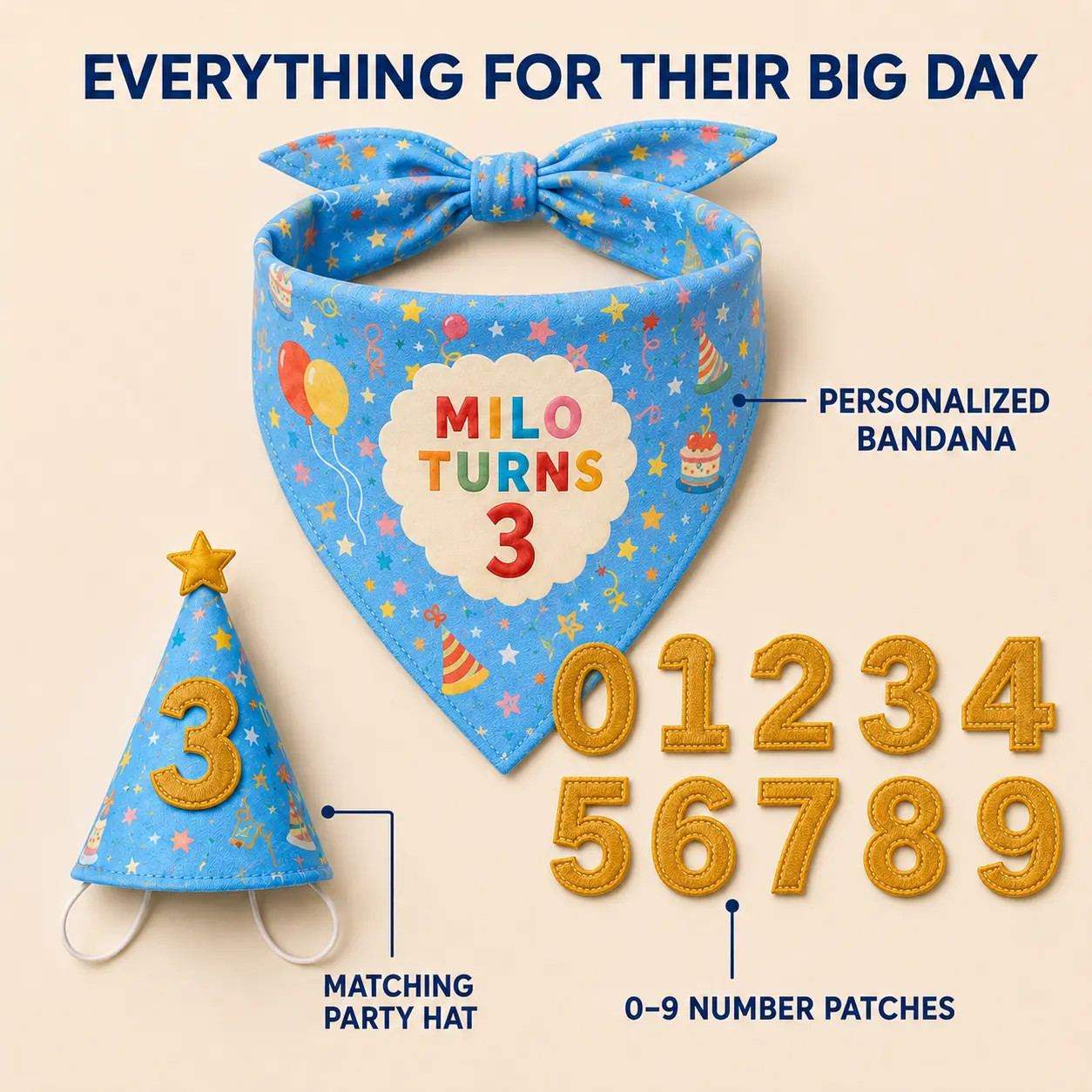 Personalized dog birthday set with a tie-on bandana, matching party hat and detachable number patches from 0 to 9.