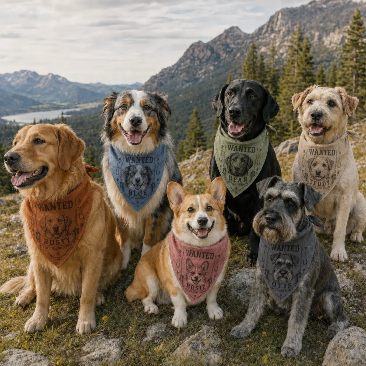 custom western wanted dog bandana with pet portrait and name