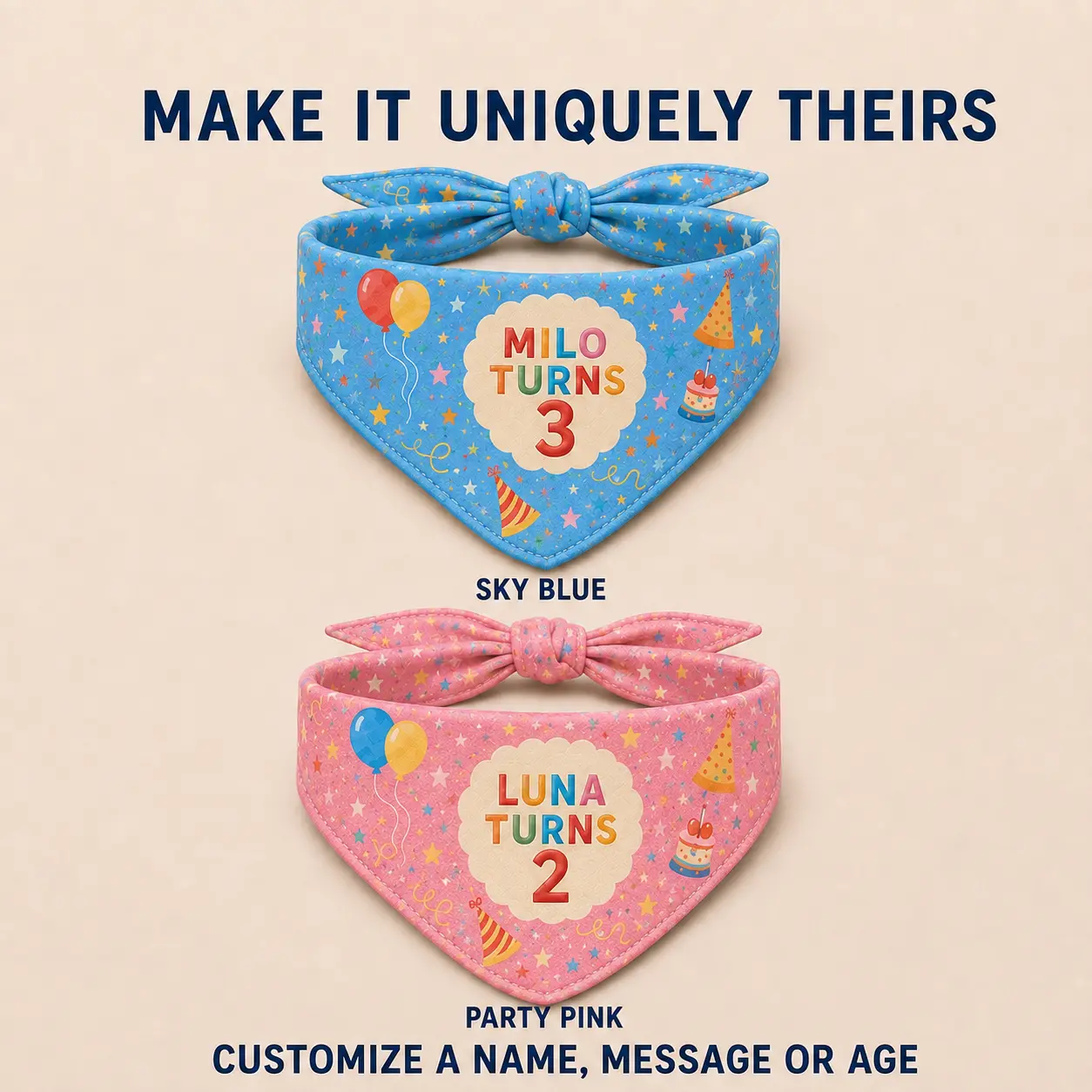 Sky blue and party pink dog birthday bandanas personalized with a pet name, English message or age.