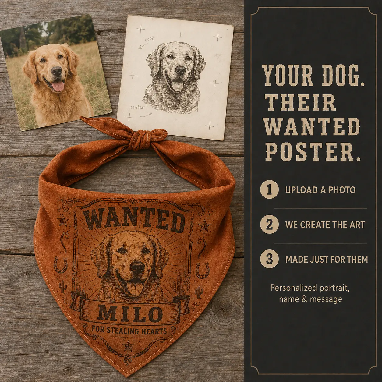 custom western wanted dog bandana with pet portrait and name