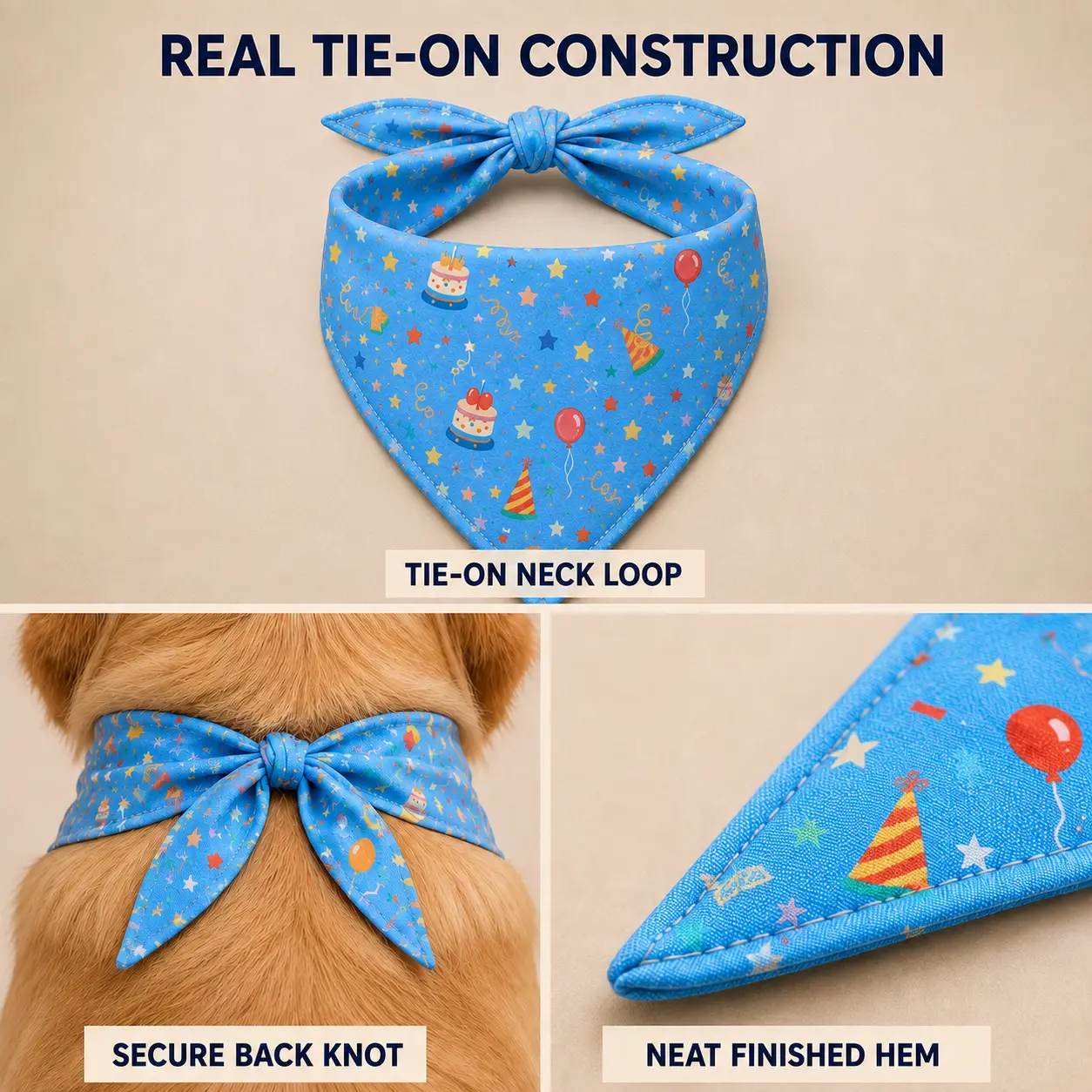 Close-up details of printed fabric, stitched edges, tie-on fit and detachable number patch on a dog birthday set.
