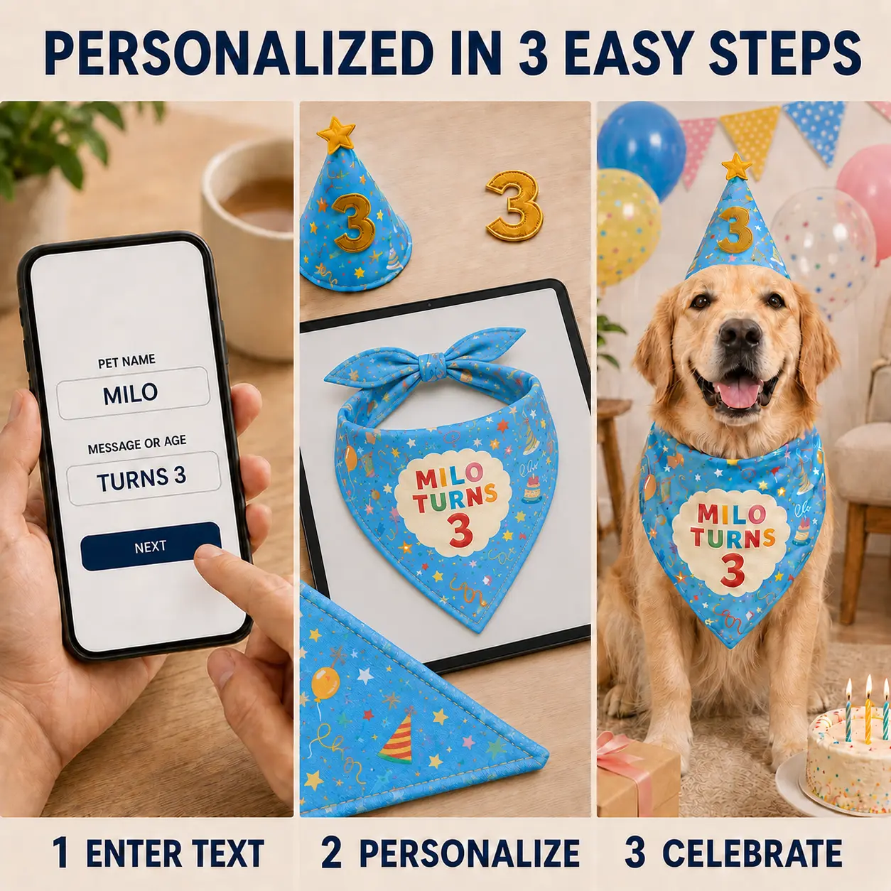 Three-step process for entering a pet name, birthday message or age for a personalized dog birthday bandana.