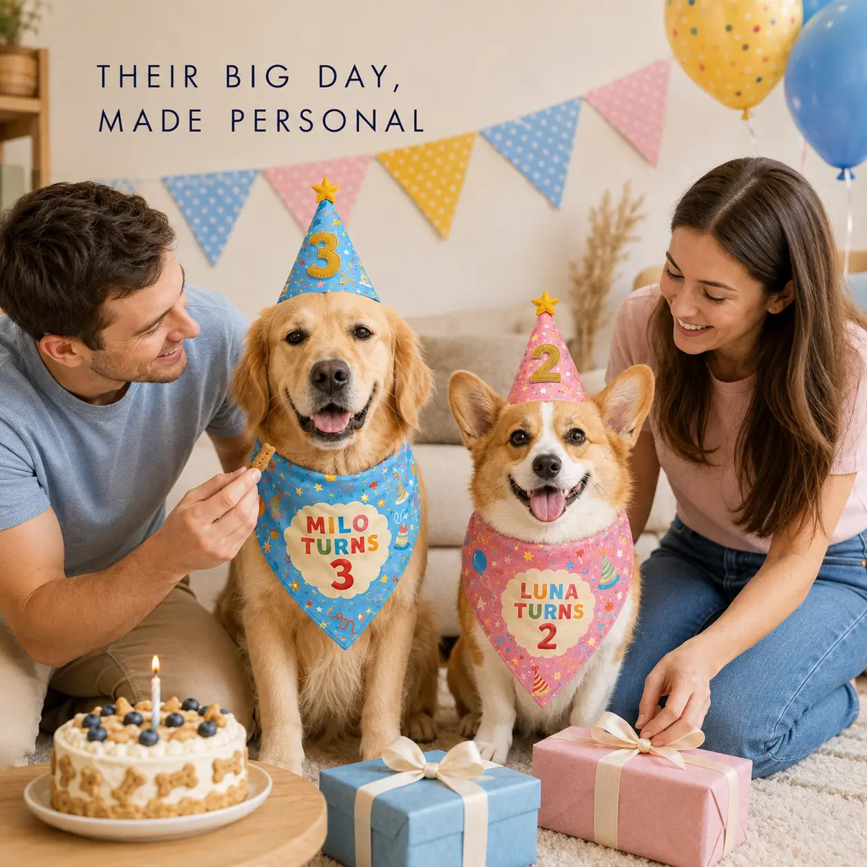 Couple celebrating with a golden retriever and corgi wearing personalized blue and pink dog birthday sets.