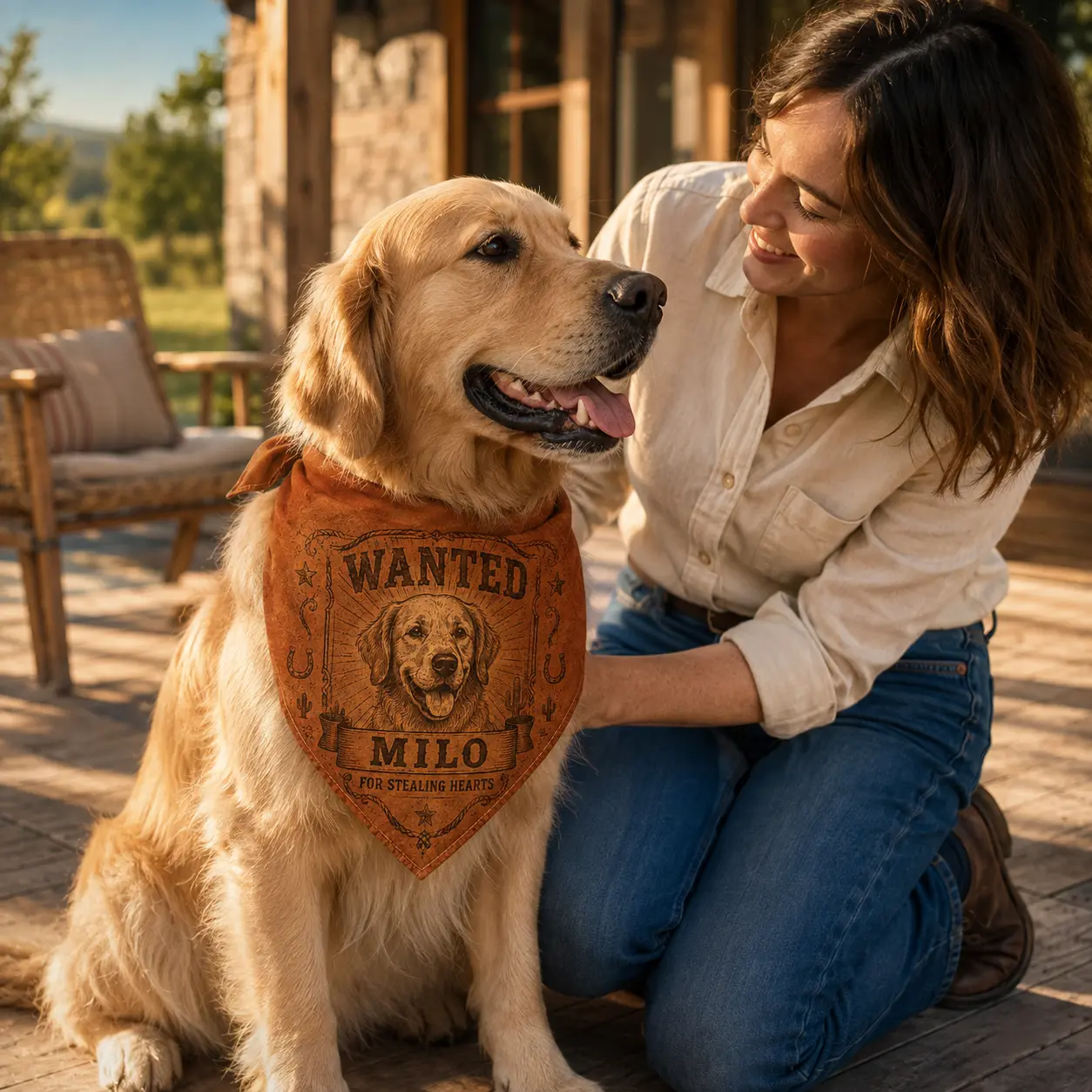 custom western wanted dog bandana with pet portrait and name