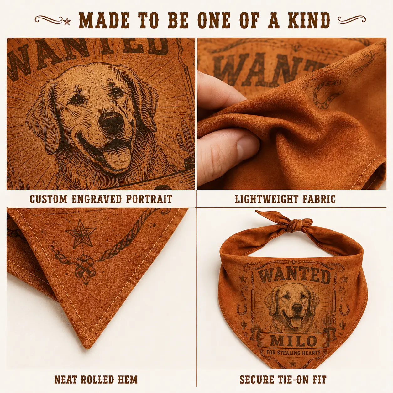 custom western wanted dog bandana with pet portrait and name
