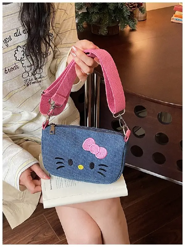 Hello Kitty Denim Mini Fanny Pack Women 2026 Kawaii Cartoon Crossbody Waist Bag Adjustable Strap Small Sling Purse 4 Colors