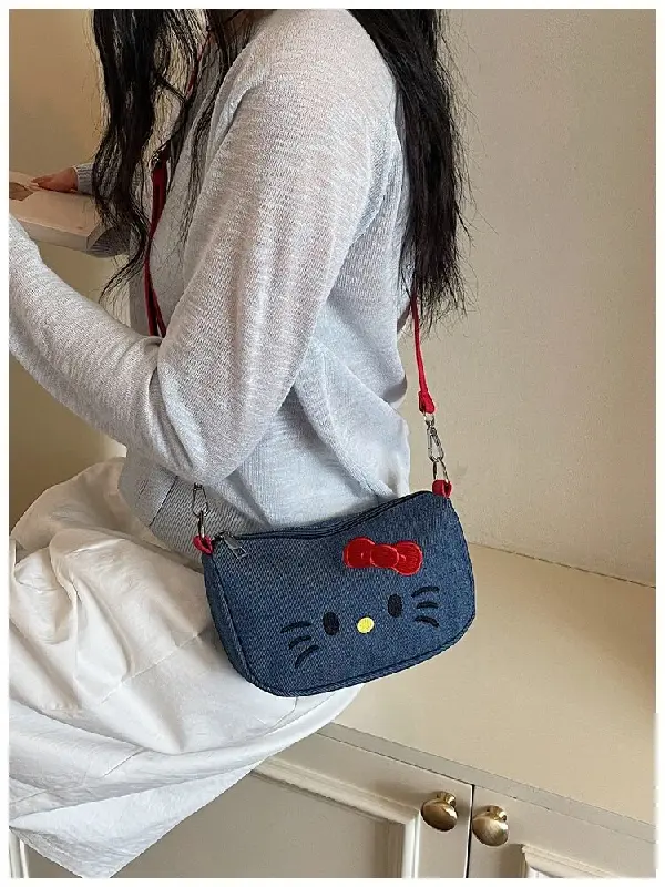 Hello Kitty Denim Mini Fanny Pack Women 2026 Kawaii Cartoon Crossbody Waist Bag Adjustable Strap Small Sling Purse 4 Colors