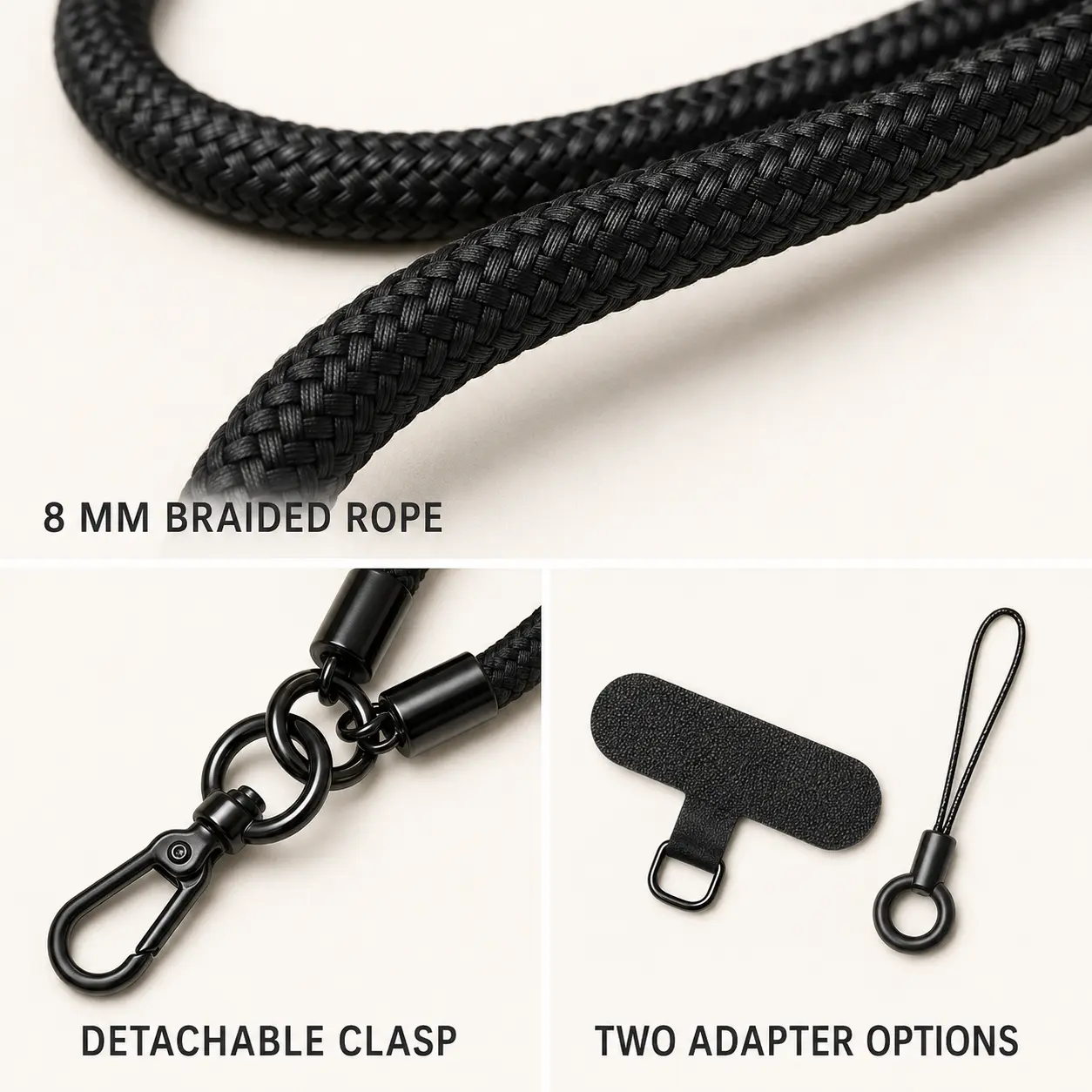 Black 8mm Braided Phone Strap – Crossbody or Wristlet