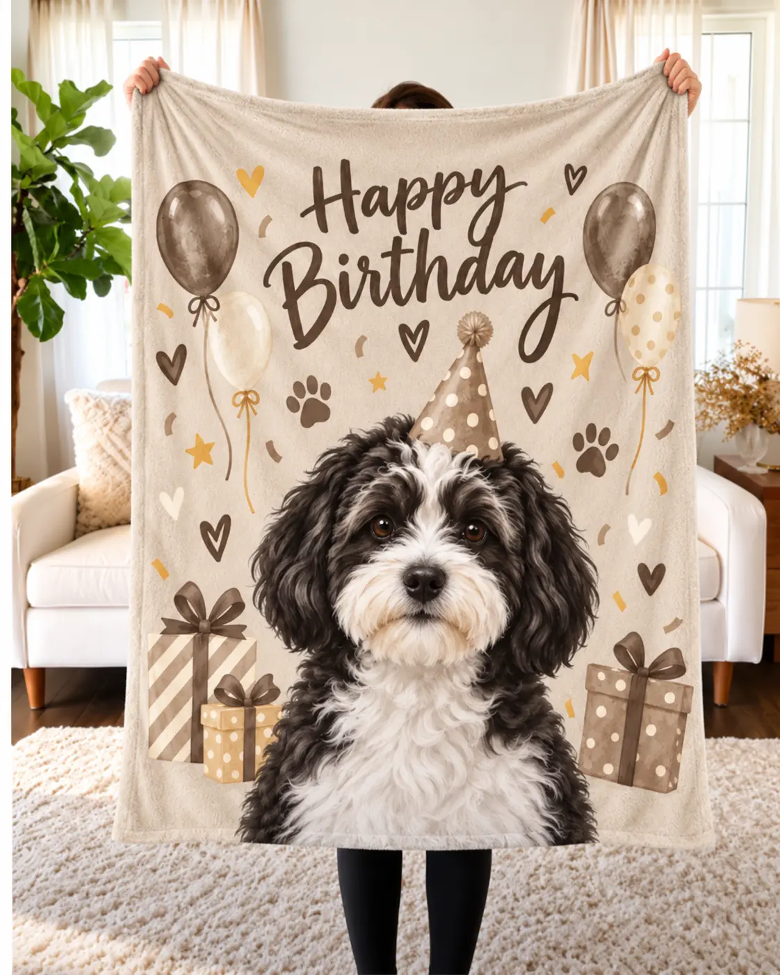Custom Pet Portrait Blanket – "Happy Birthday"