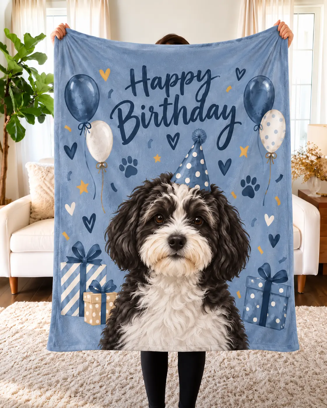 Custom Pet Portrait Blanket – "Happy Birthday"