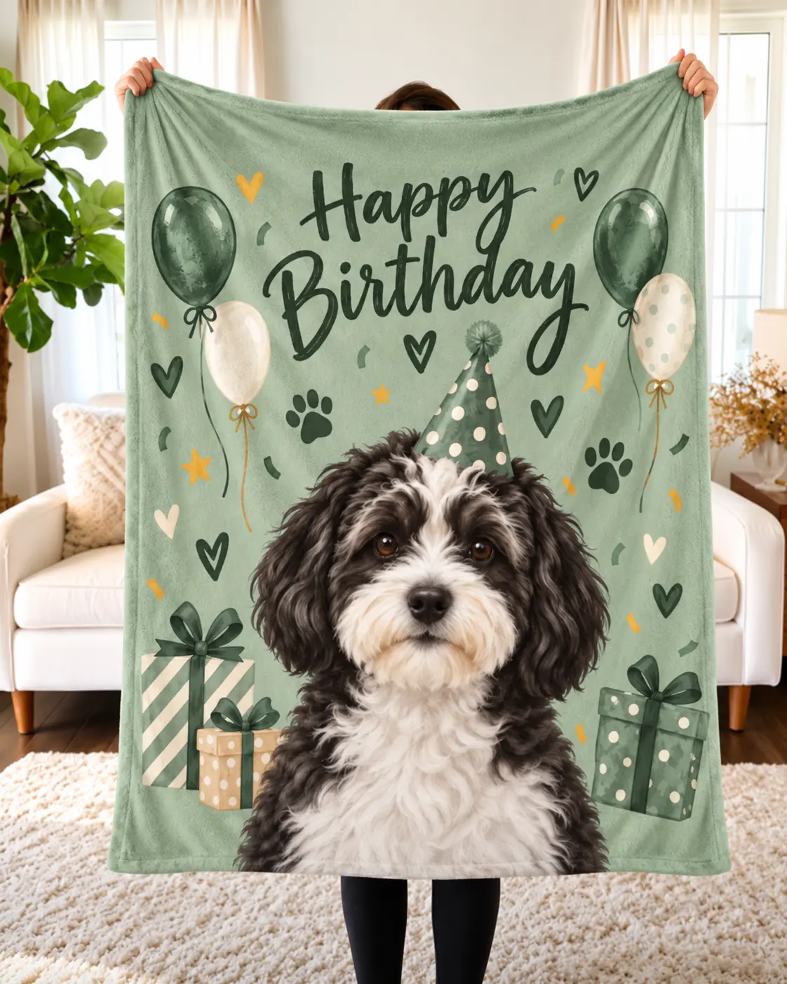 Custom Pet Portrait Blanket – "Happy Birthday"