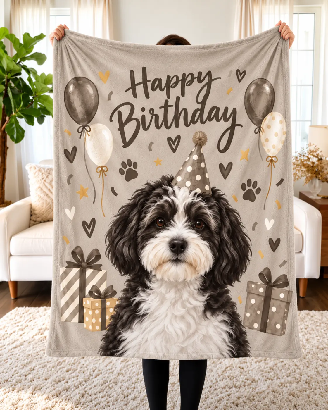 Custom Pet Portrait Blanket – "Happy Birthday"