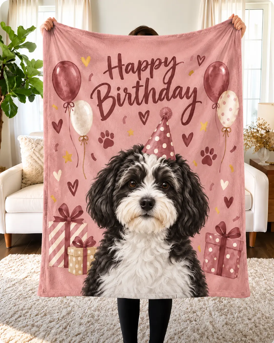 Custom Pet Portrait Blanket – "Happy Birthday"