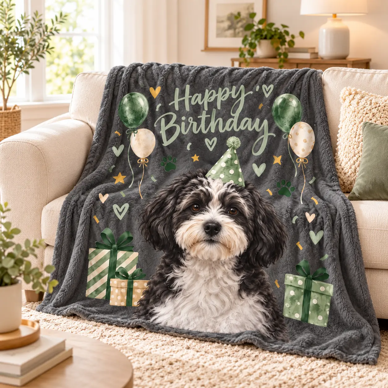 Custom Pet Portrait Blanket – "Happy Birthday"