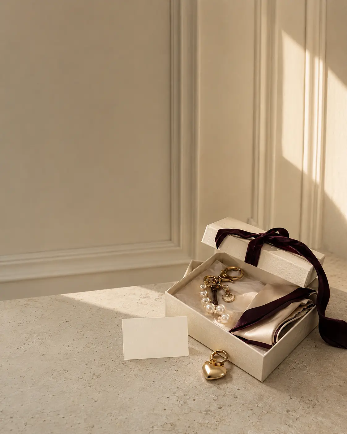 Ivory gift box with pearl bag charm, gold heart charm and burgundy silk twilly.