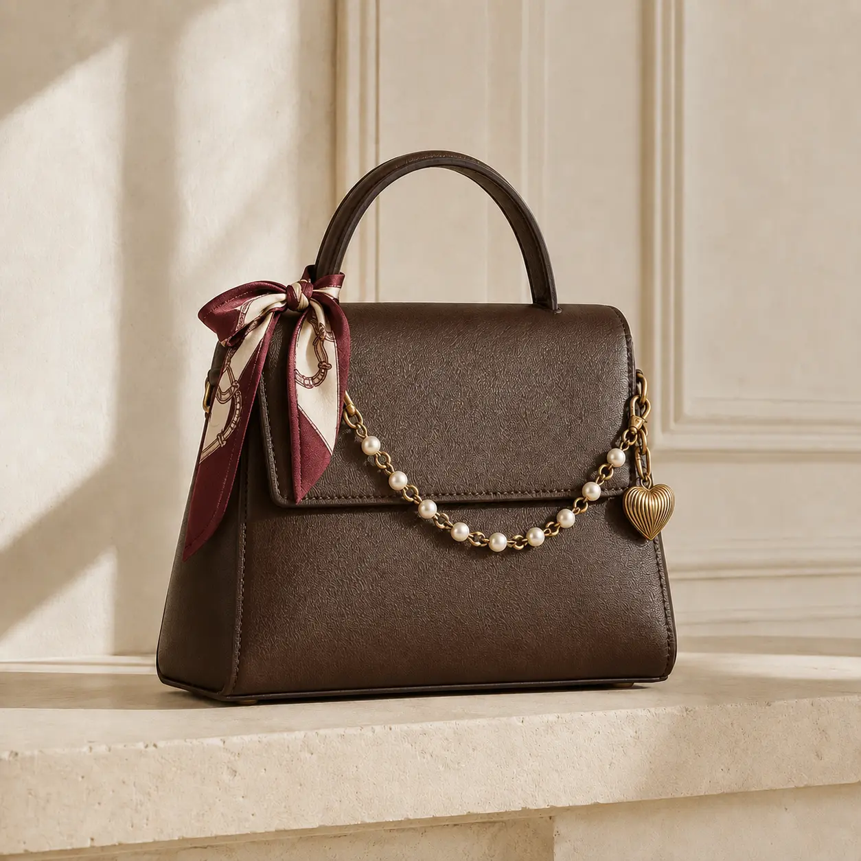 Brown leather handbag styled with a silk twilly, pearl chain and gold heart charm.