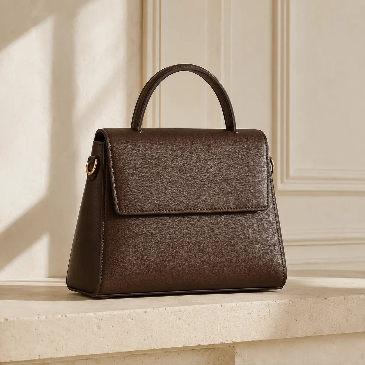 Undecorated brown leather handbag before adding personalized accessories.