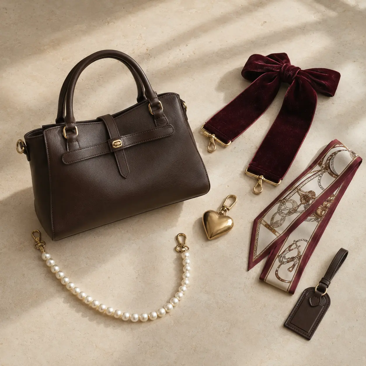 Brown handbag styled with a pearl chain, velvet strap, silk twilly and gold charm.
