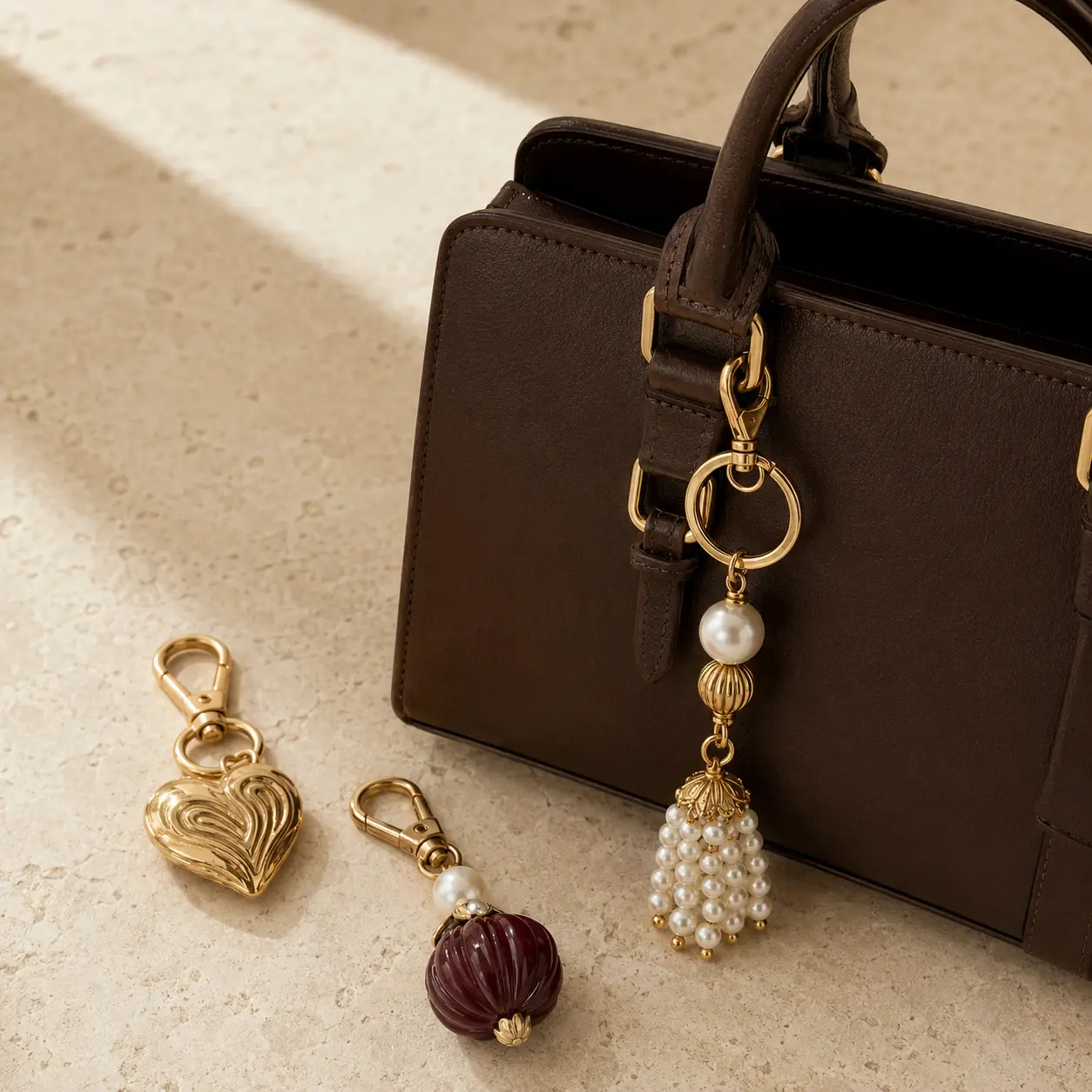 Pearl and gold bag charms styled on a brown leather handbag.