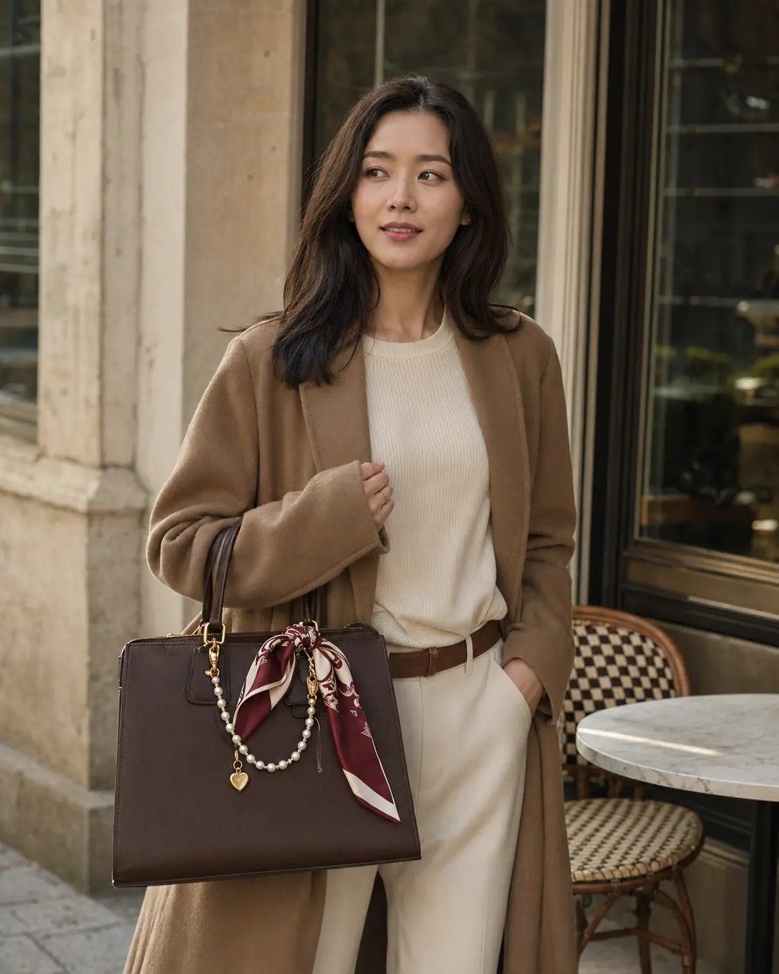 Woman carrying a brown handbag styled with a burgundy silk twilly, pearl chain and gold heart charm.