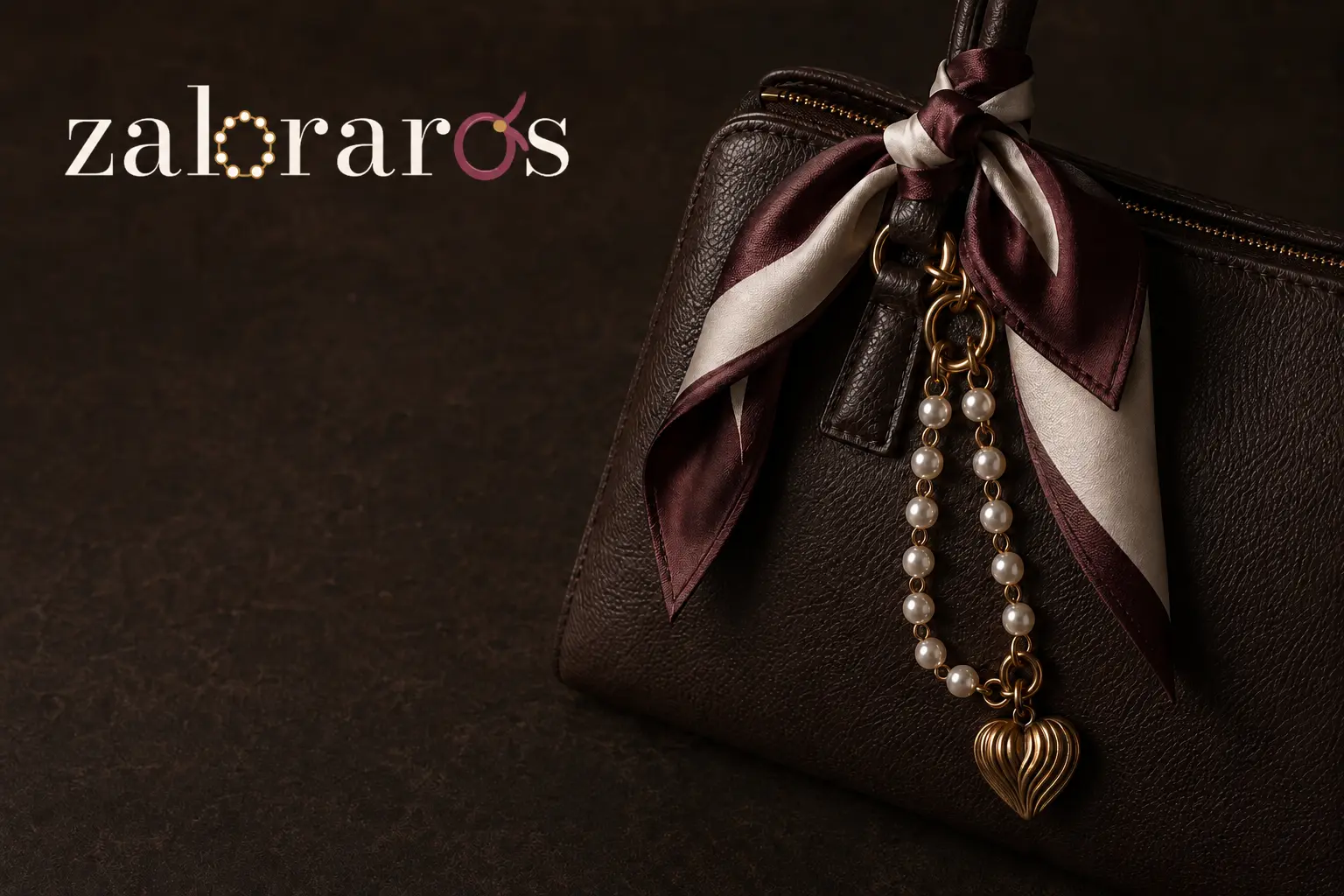 Zaloraros leather handbag styled with a pearl chain, silk twilly and gold charm.