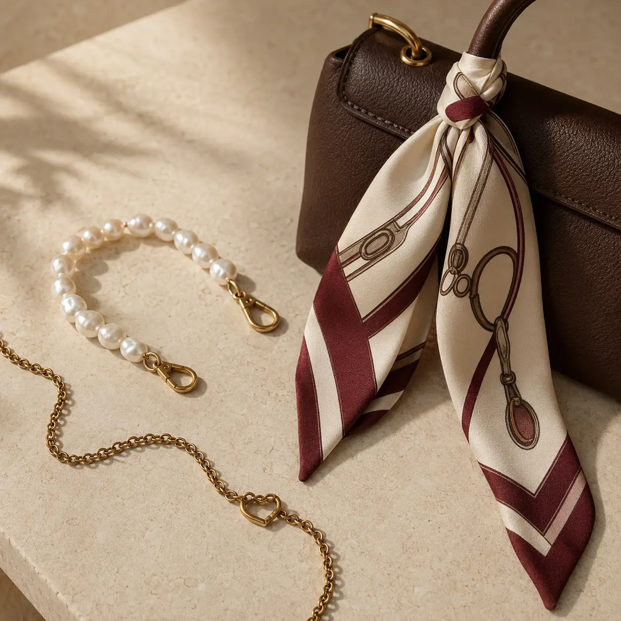 Burgundy silk twilly, pearl handle chain and gold chain accessories for handbags.