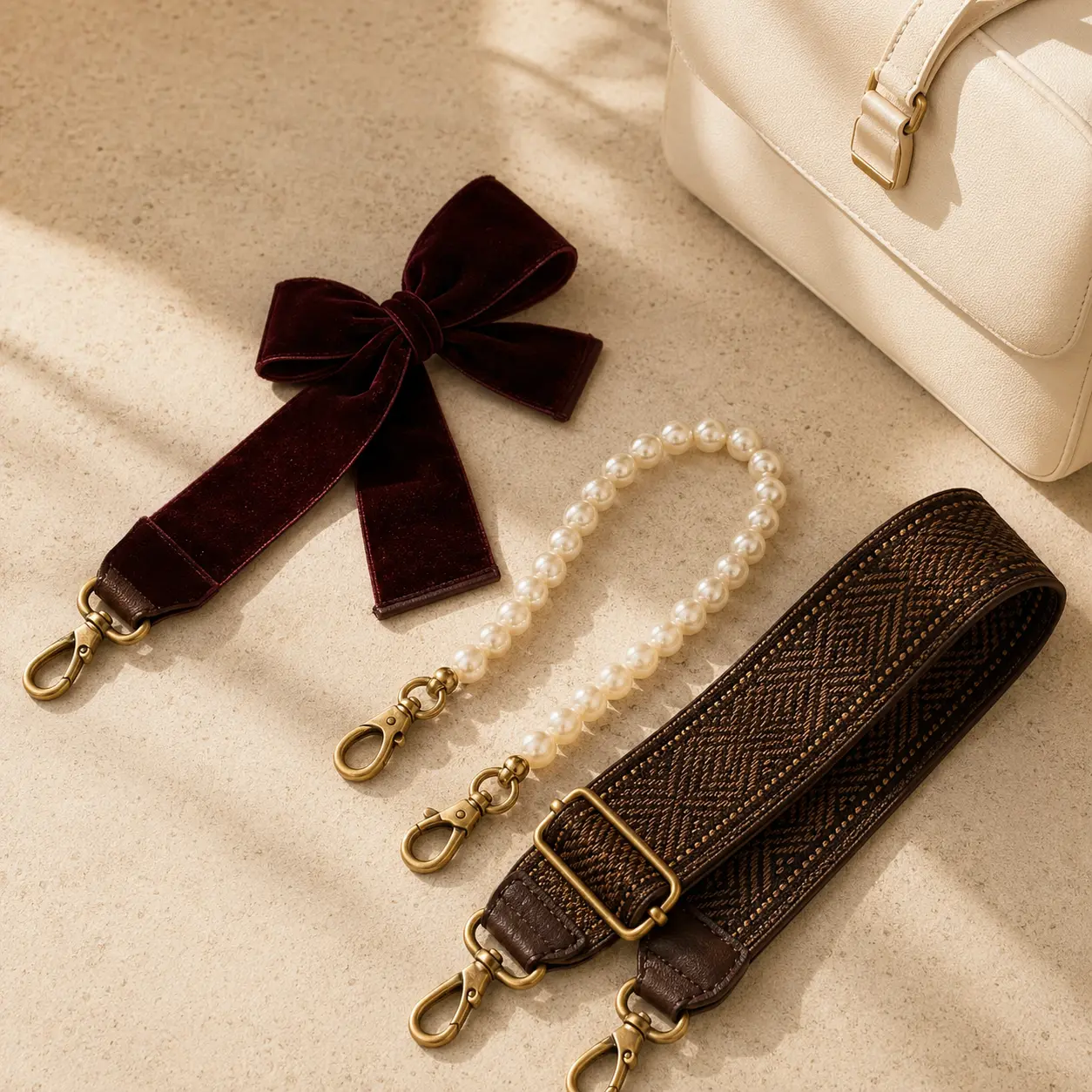 Burgundy velvet, pearl and woven interchangeable straps for handbags.