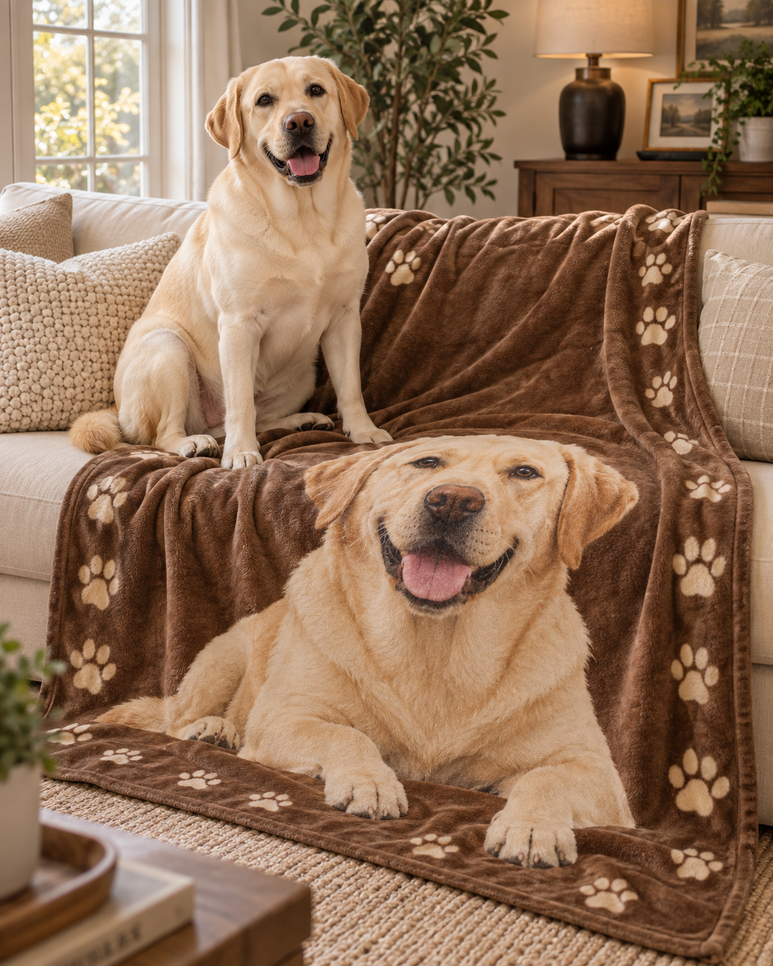 Yellow Labrador on a sofa with a matching Labrador portrait blanket