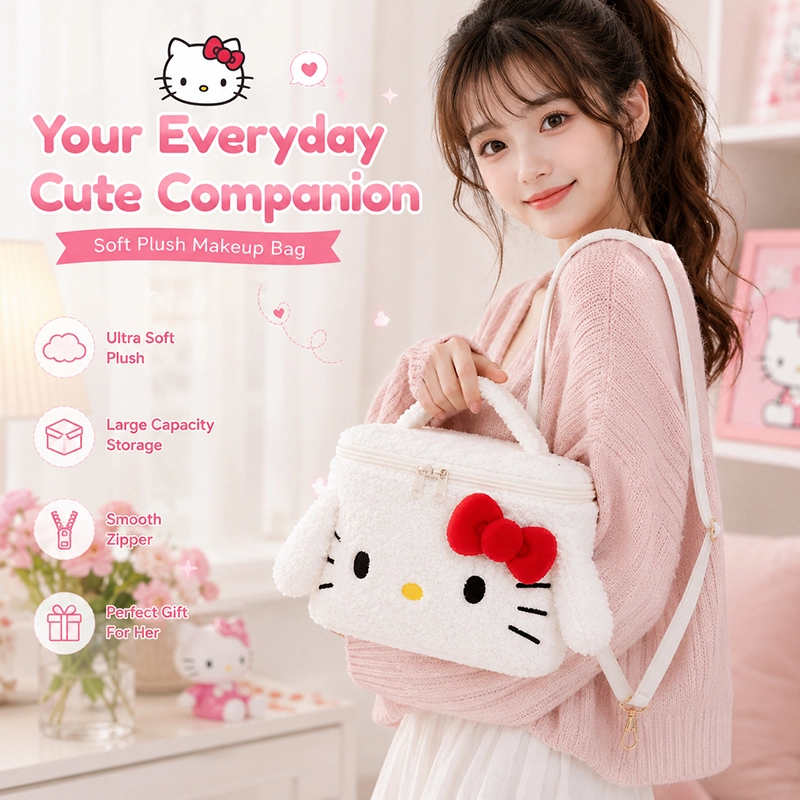 Hello Kitty Plush Cosmetic Bag Cute Makeup Organizer Travel Toiletry Bag